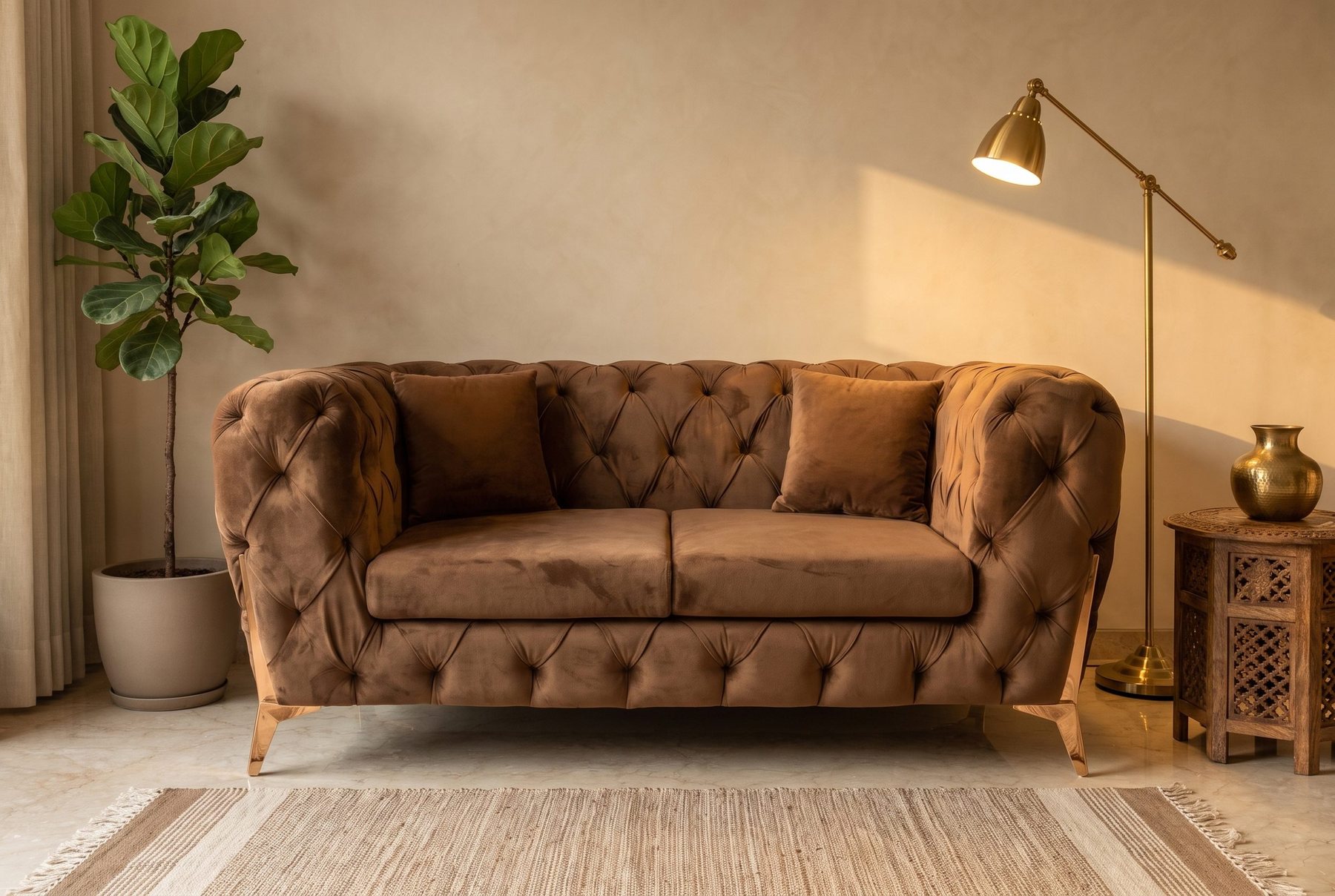Cocoa chesterfield loveseat in a styled room