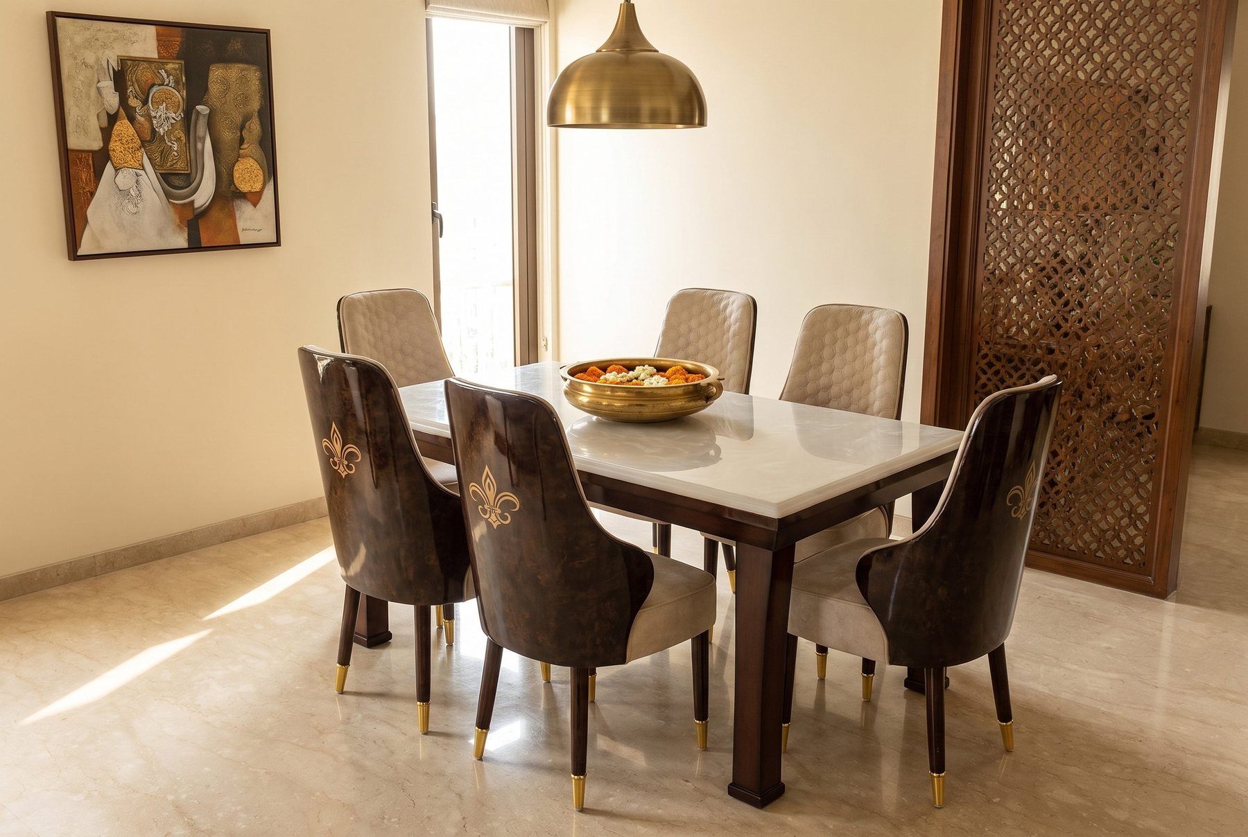 Fleur dining set, six seats in a styled room