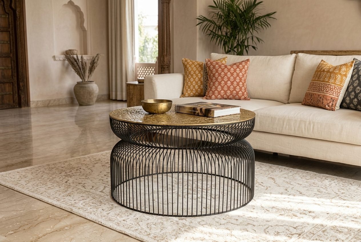 Gilt coffee table in a styled room