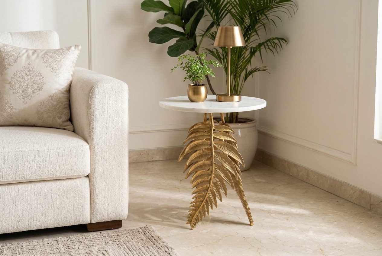 Palm side table in a styled room