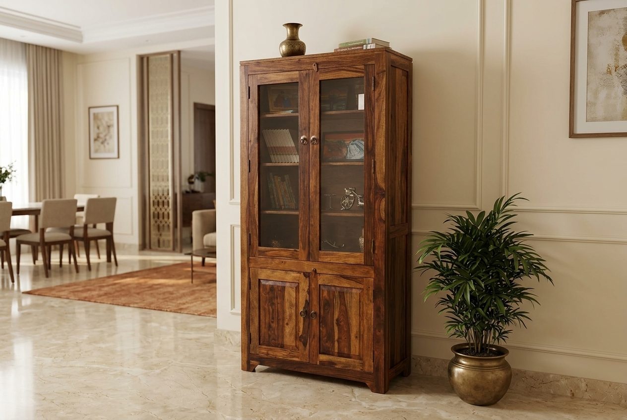 Archive glass-door bookcase in a styled room