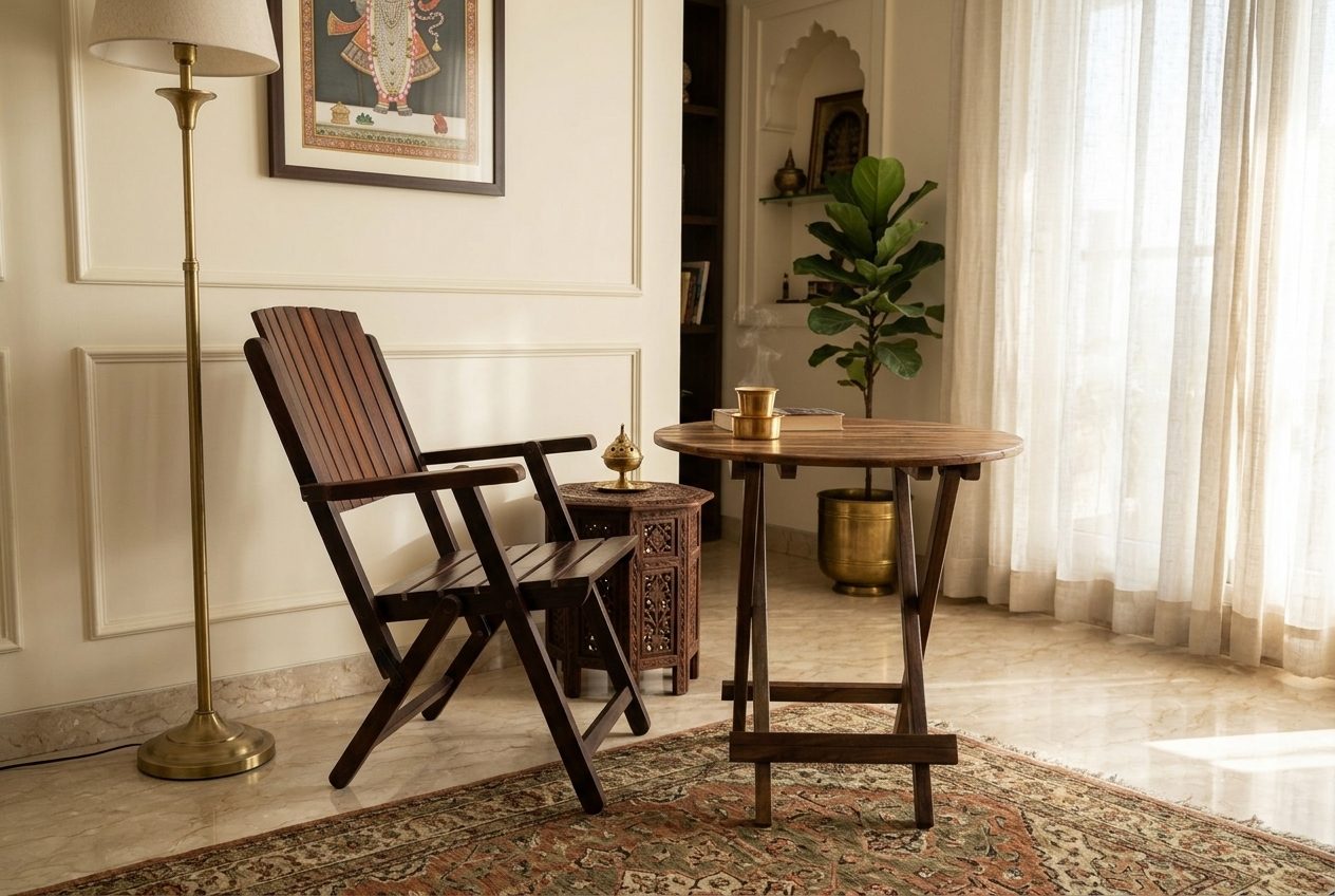 Balcony folding table and chairs in a styled room