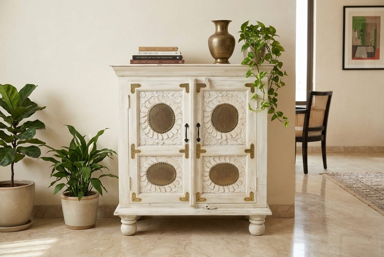 Brass Moon white cabinet with brass medallions in a styled room