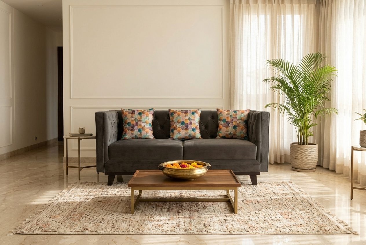 Charcoal tufted sofa in a styled room
