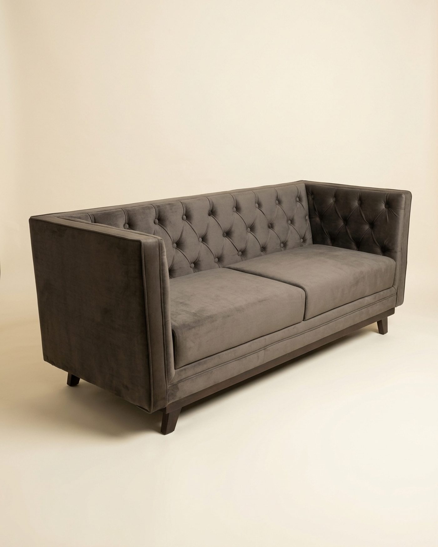 Charcoal tufted sofa, view 2