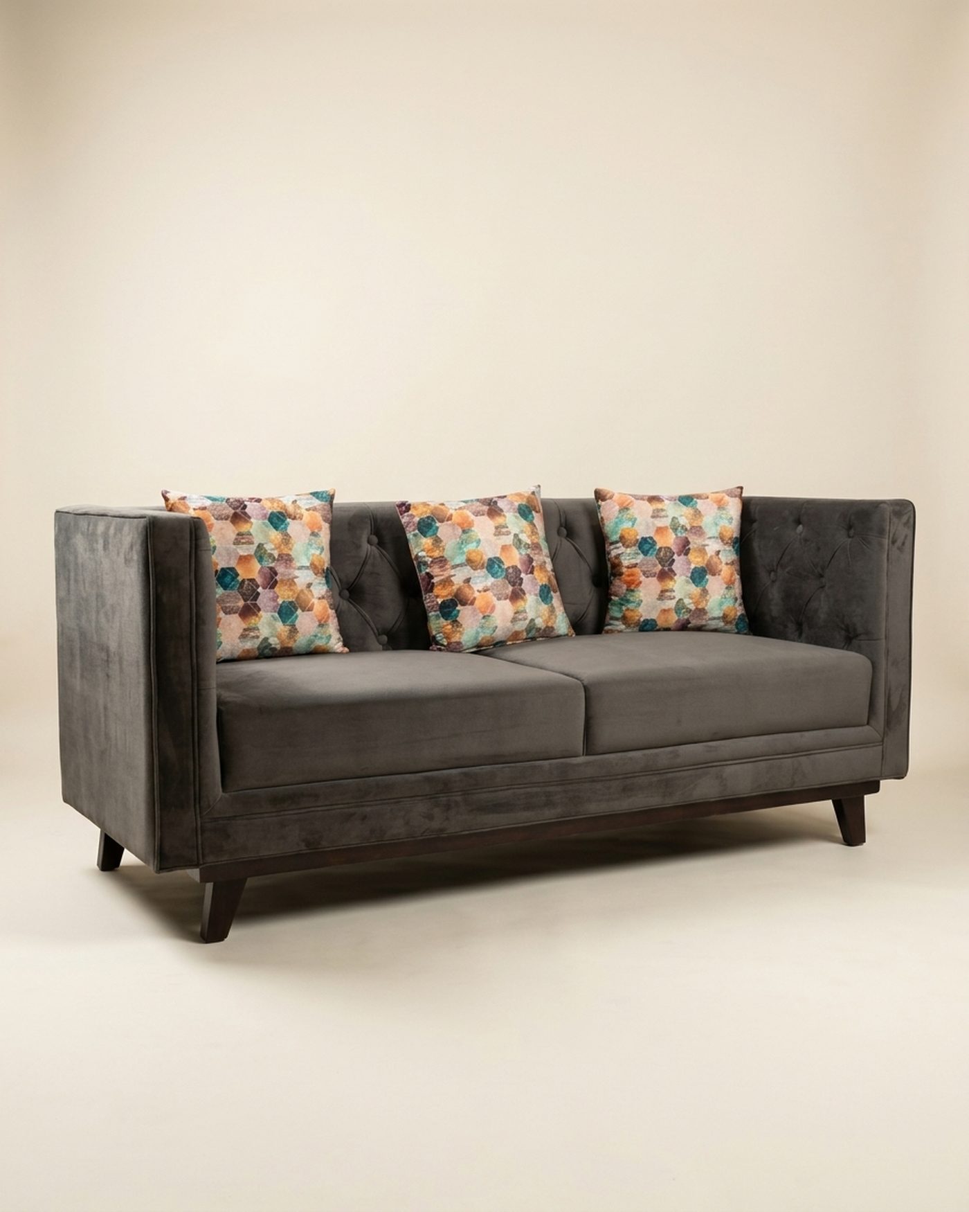 Charcoal tufted sofa, view 3
