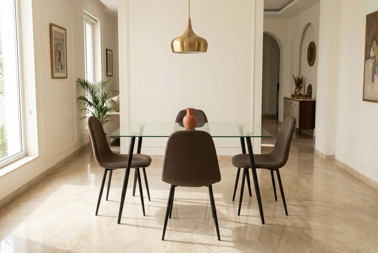 Clear glass dining set in a styled room