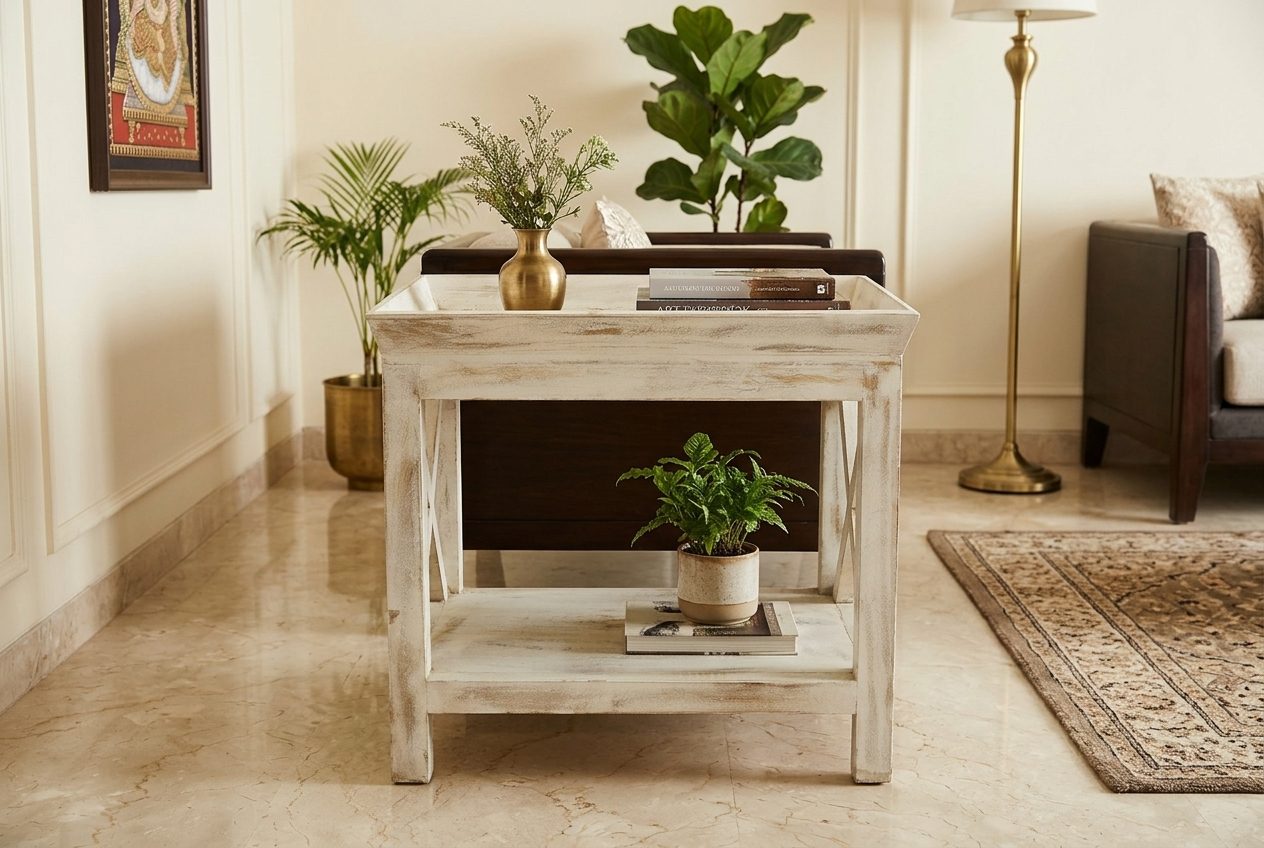 Coastal whitewashed tray table in a styled room