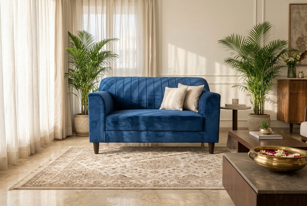 Cobalt Two velvet loveseat in a styled room