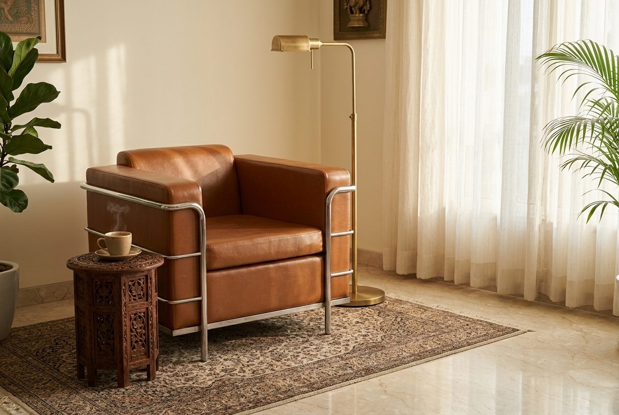 Cognac leather lounge chair in a styled room