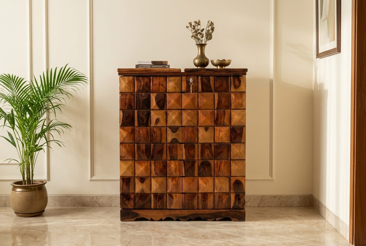 Diamond carved bar cabinet in a styled room