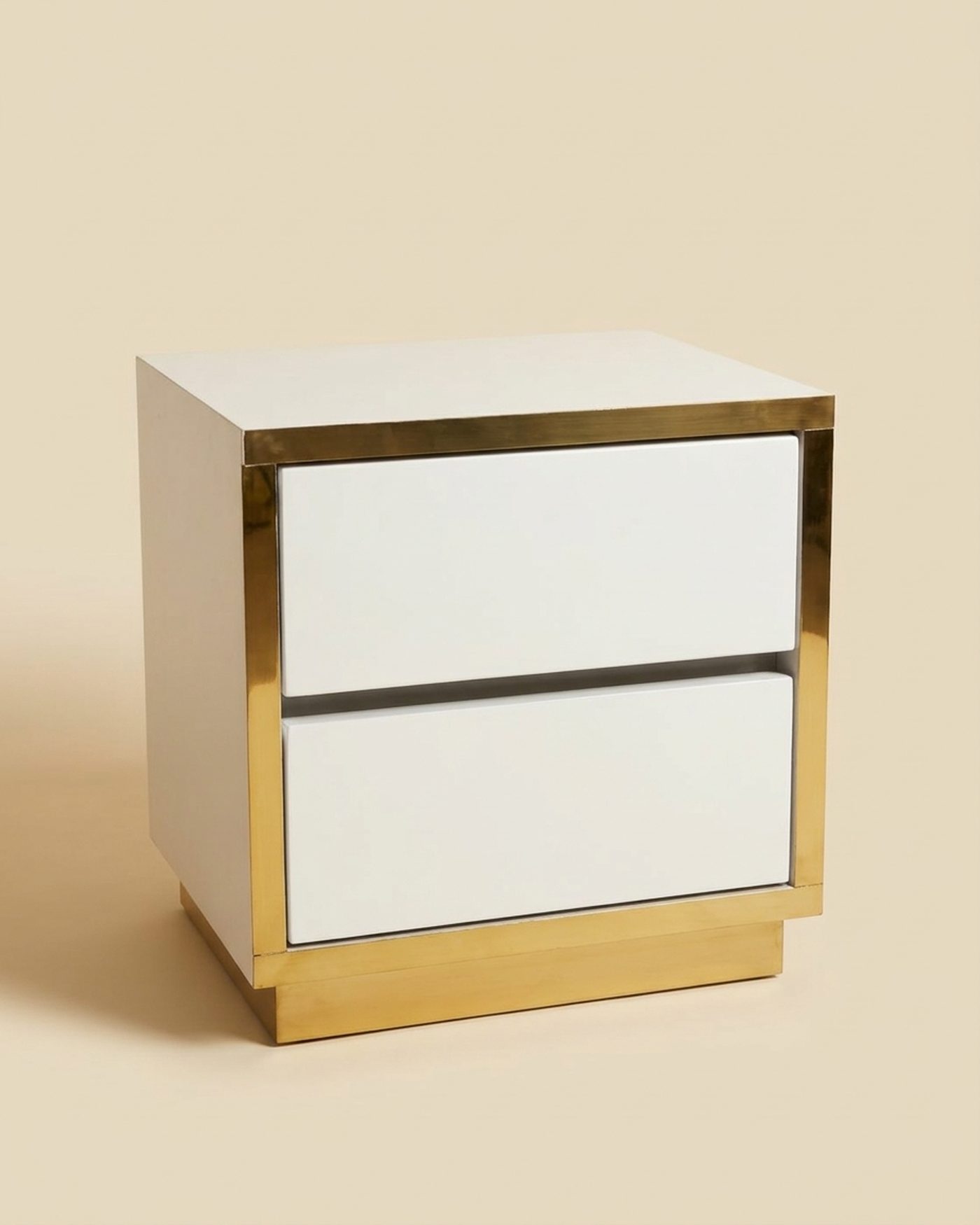 Gloss brass-edge bedside table, studio photo