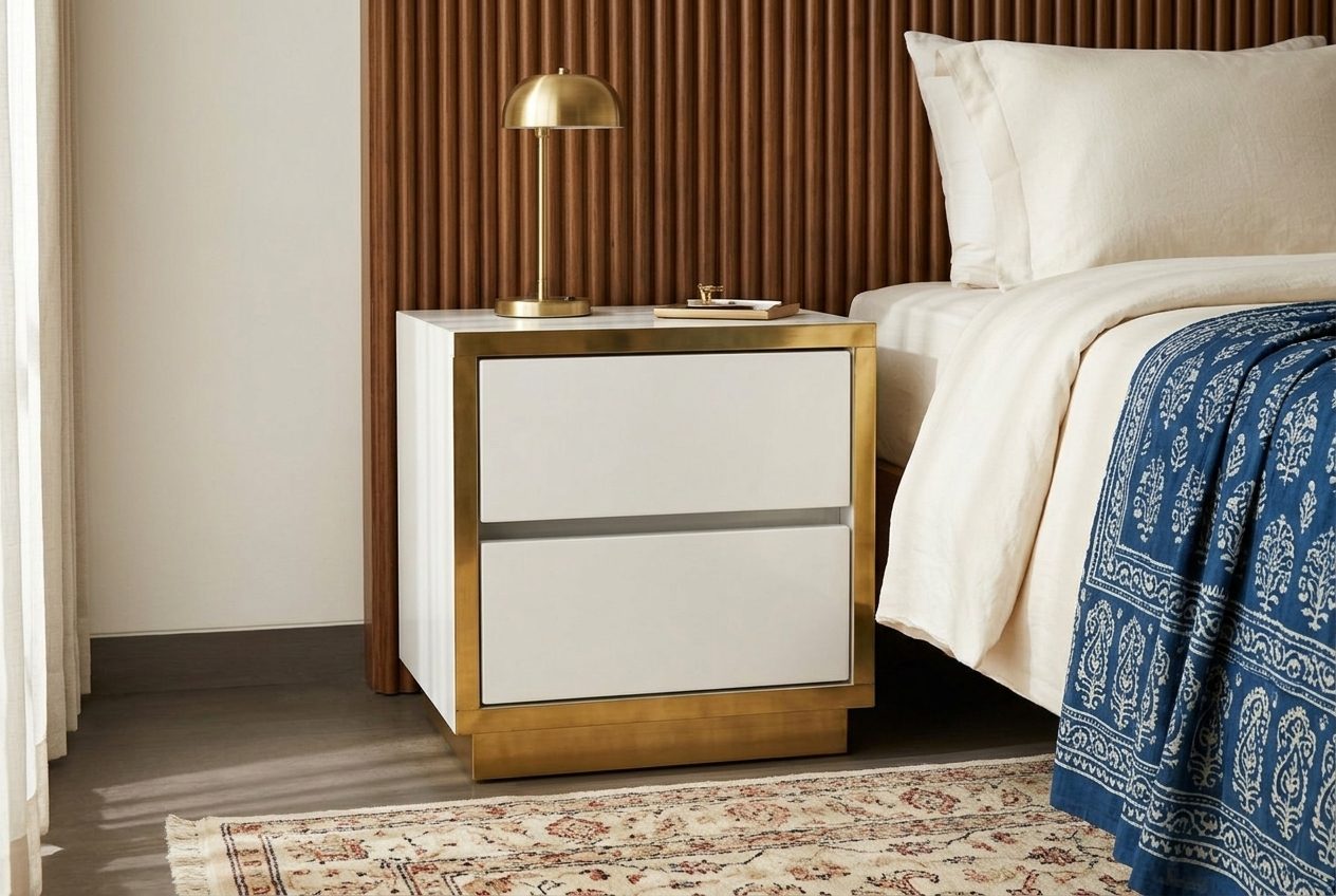 Gloss brass-edge bedside table in a styled room