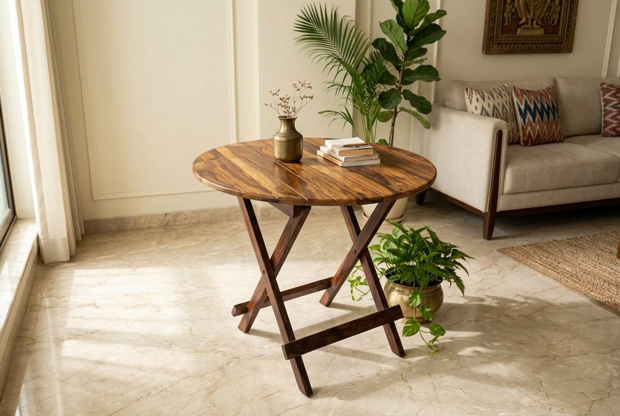 Grainy round sheesham table in a styled room