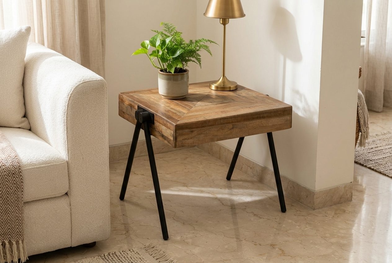 Herring parquet side table in a styled room