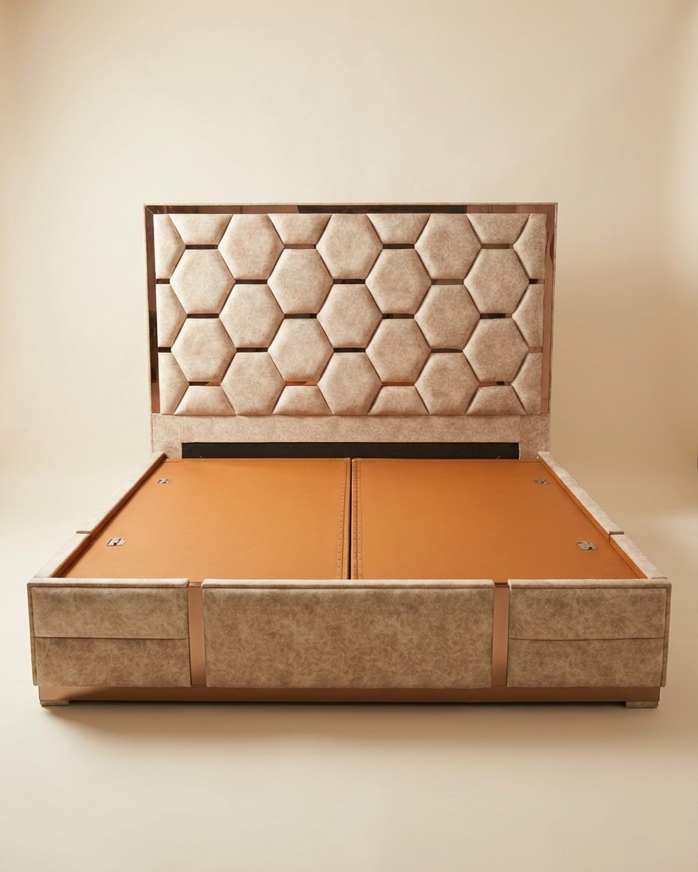Hive honeycomb upholstered bed, studio photo