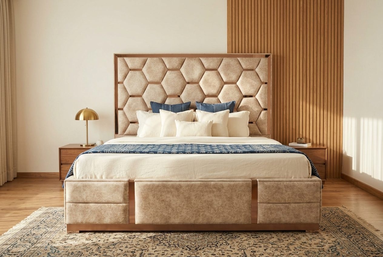 Hive honeycomb upholstered bed in a styled room