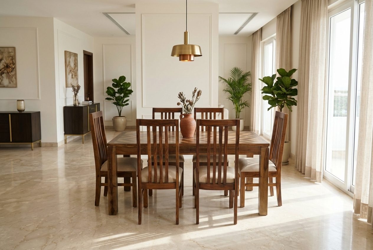 Ladderback six-seat dining set in a styled room