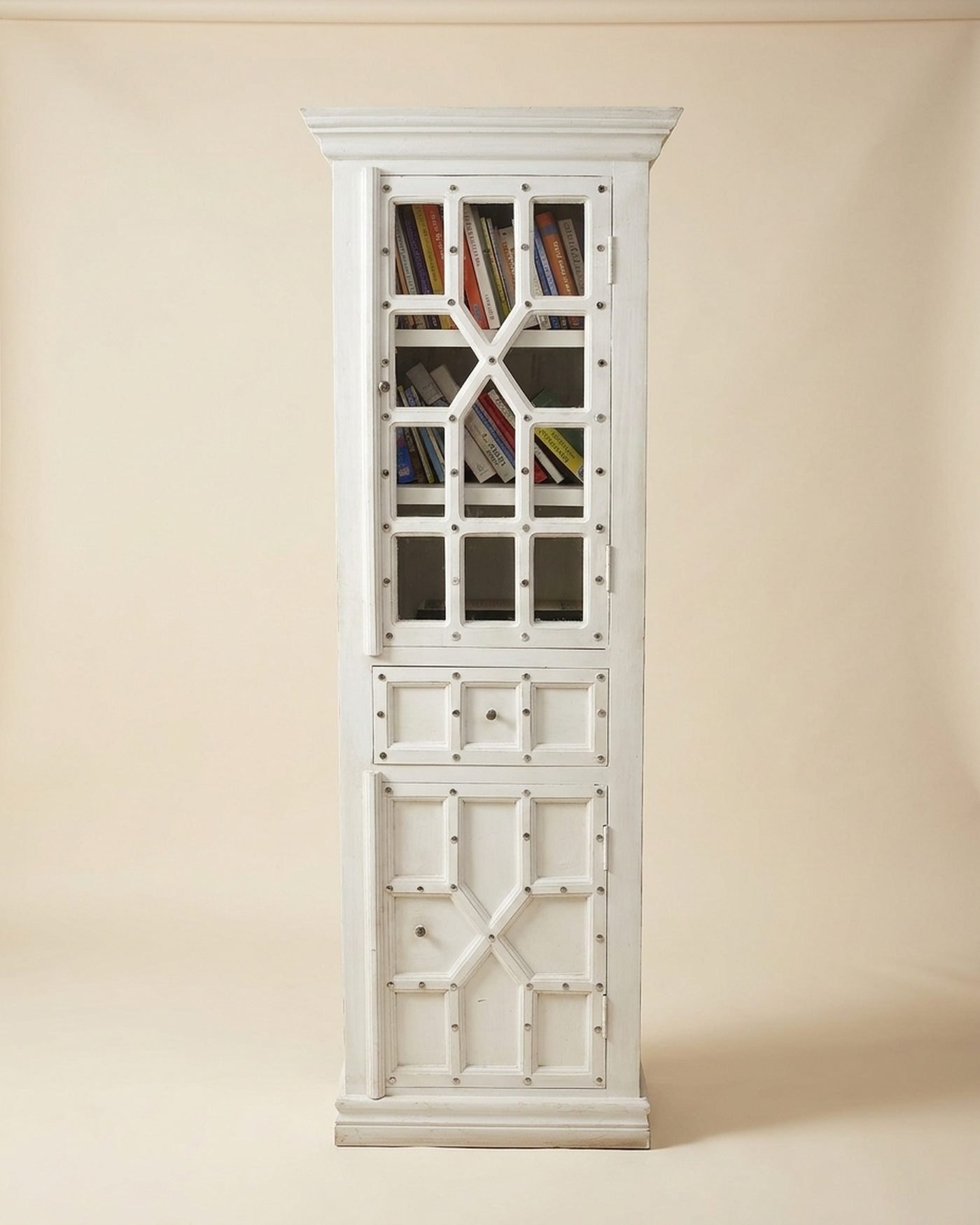 Lattice White glass-door cabinet, studio photo