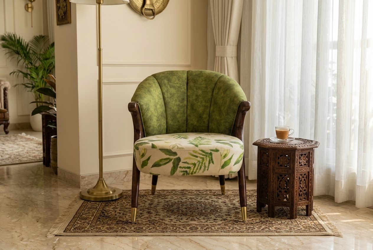 Leaf printed accent chair in a styled room