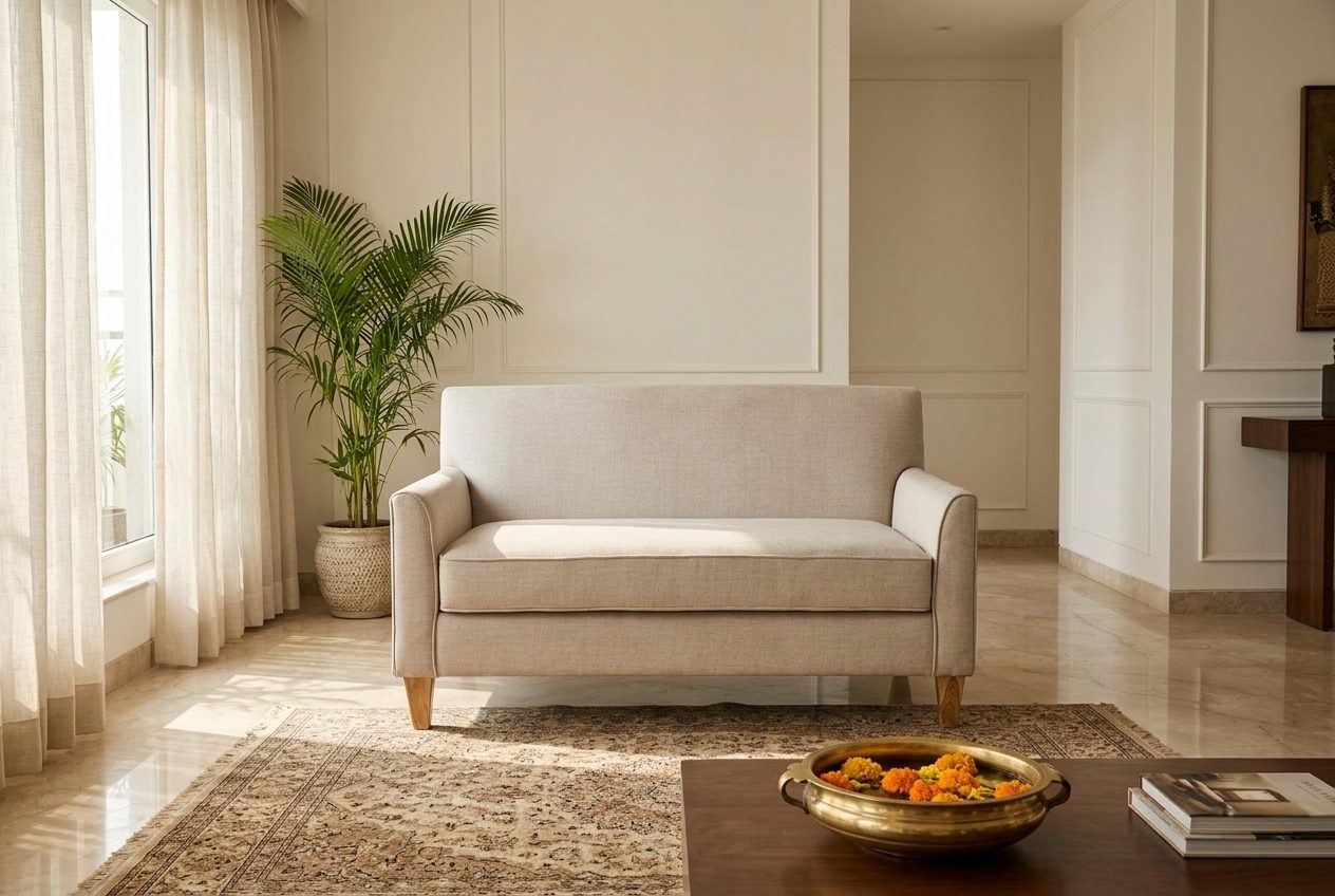Linen two-seat sofa in a styled room