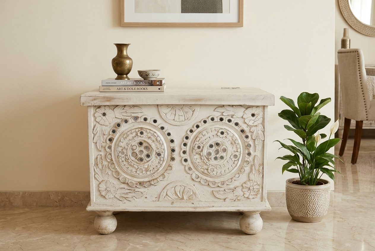 Medallion carved white trunk in a styled room