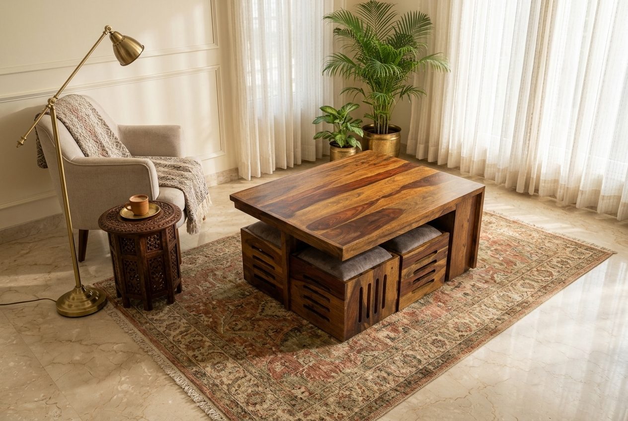 Nest Table coffee table with stools in a styled room