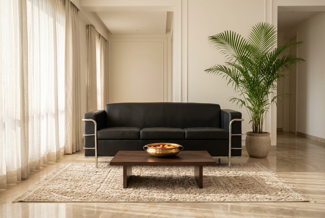 Obsidian leather three-seater in a styled room