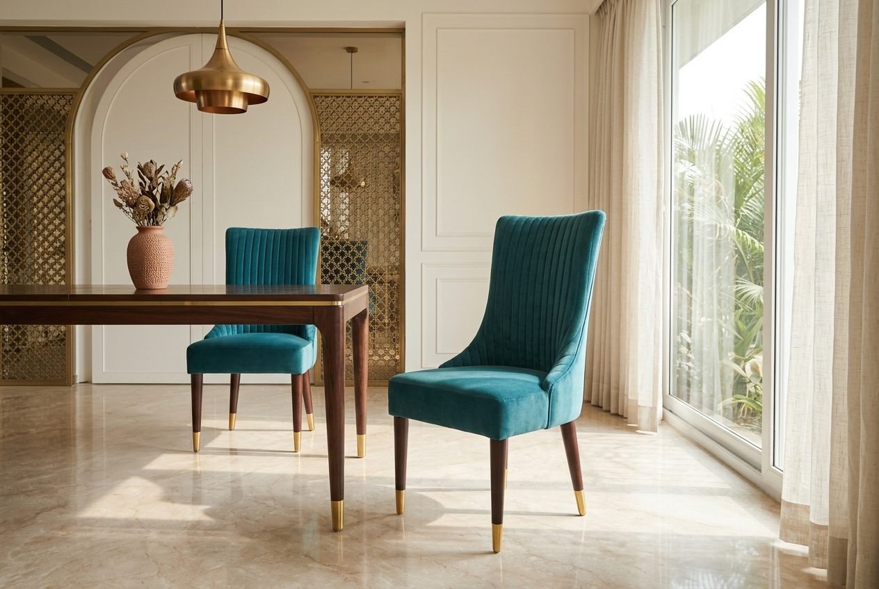 Ocean velvet dining chair in a styled room