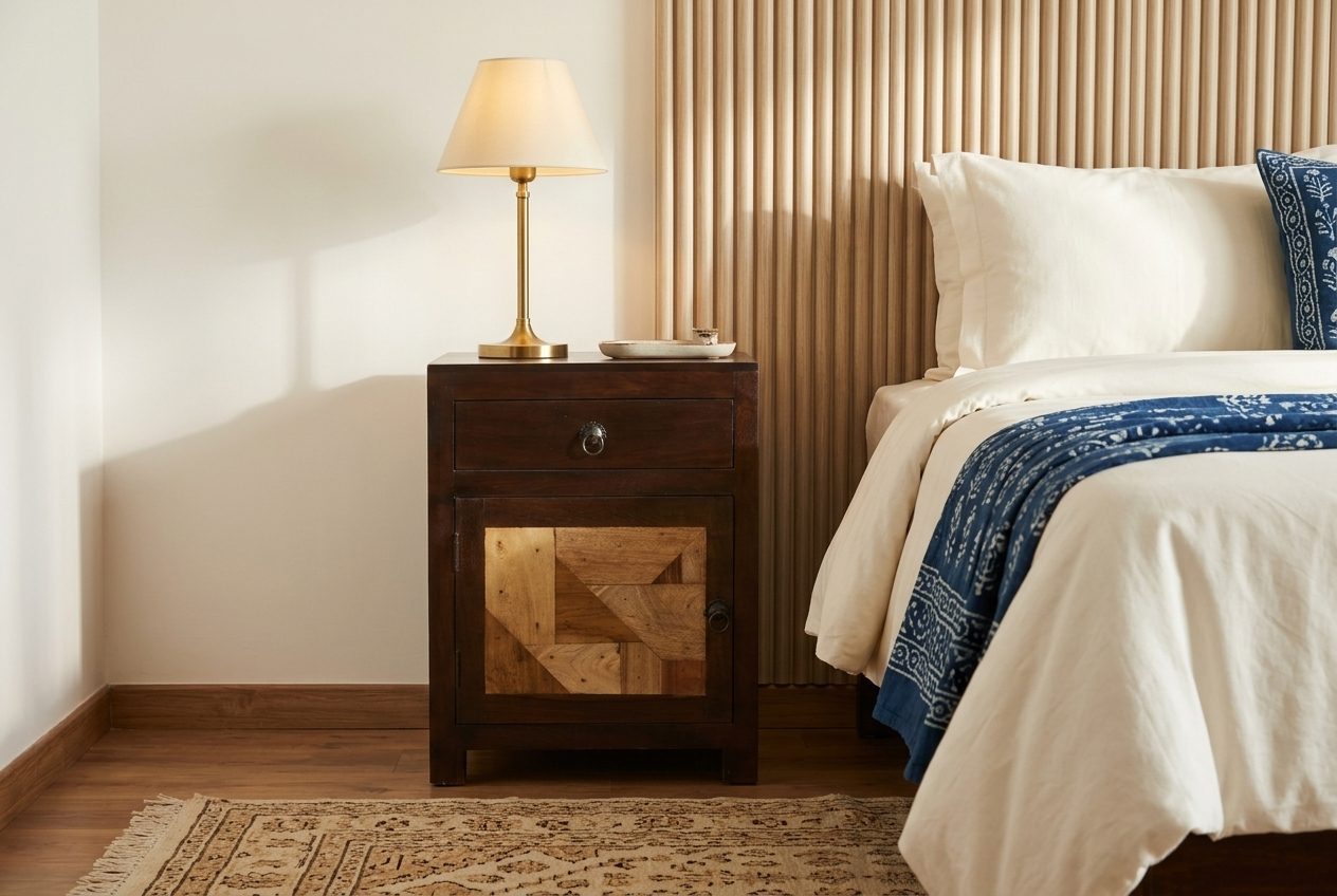 Parquet bedside cabinet in a styled room
