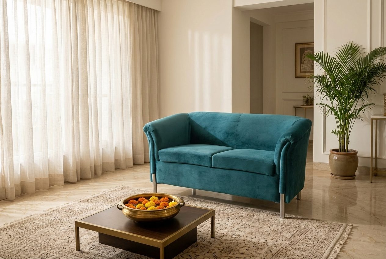 Peacock Loveseat velvet loveseat in a styled room