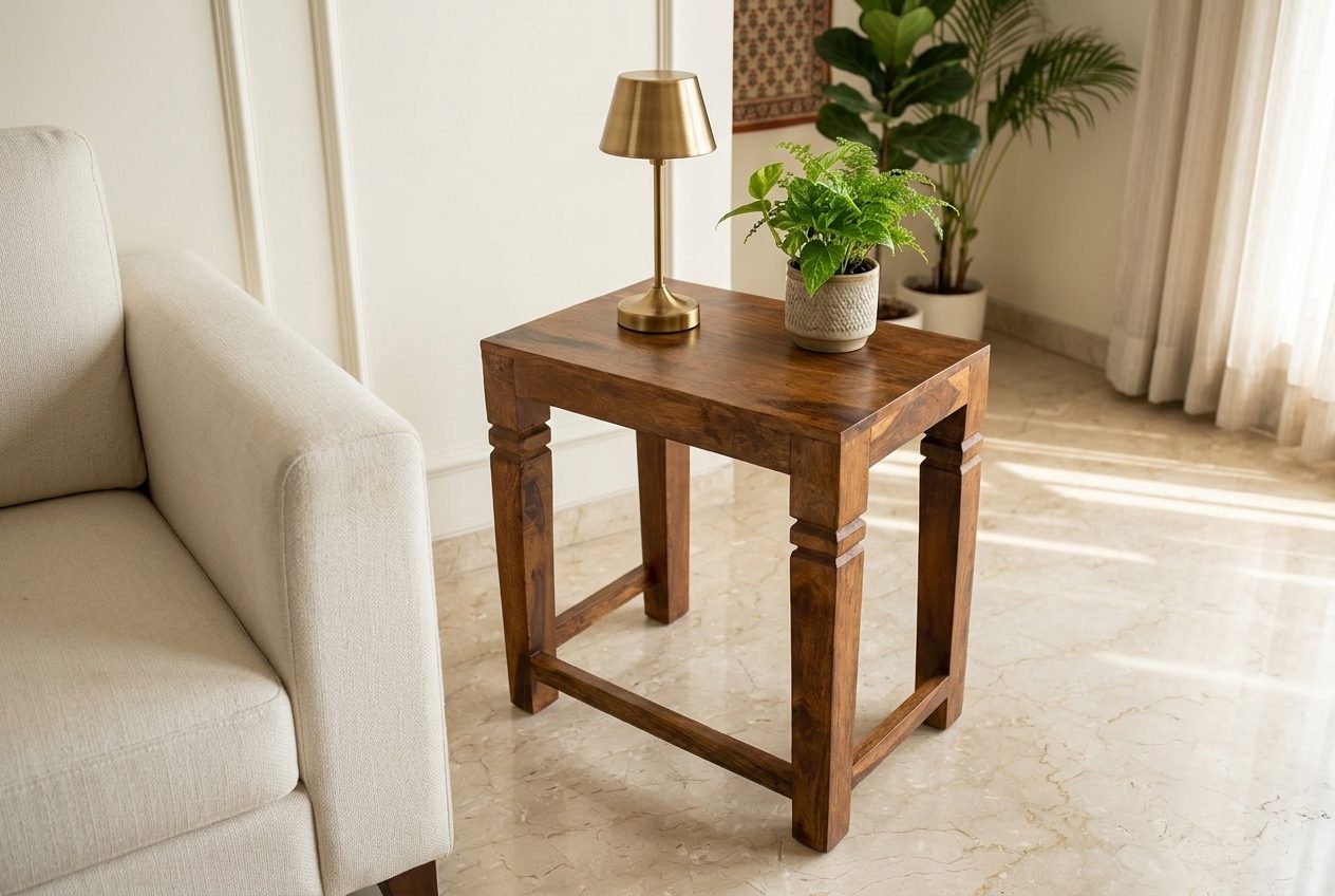 Peg sheesham side table in a styled room