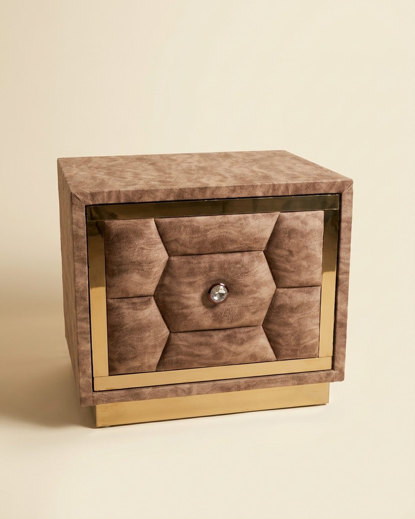 Plush tufted bedside table, studio photo