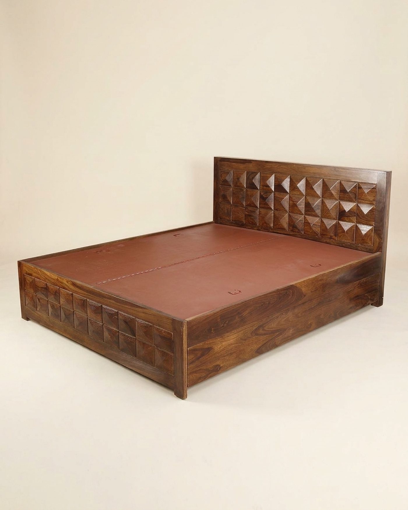 Pyramid diamond-carved storage bed, studio photo