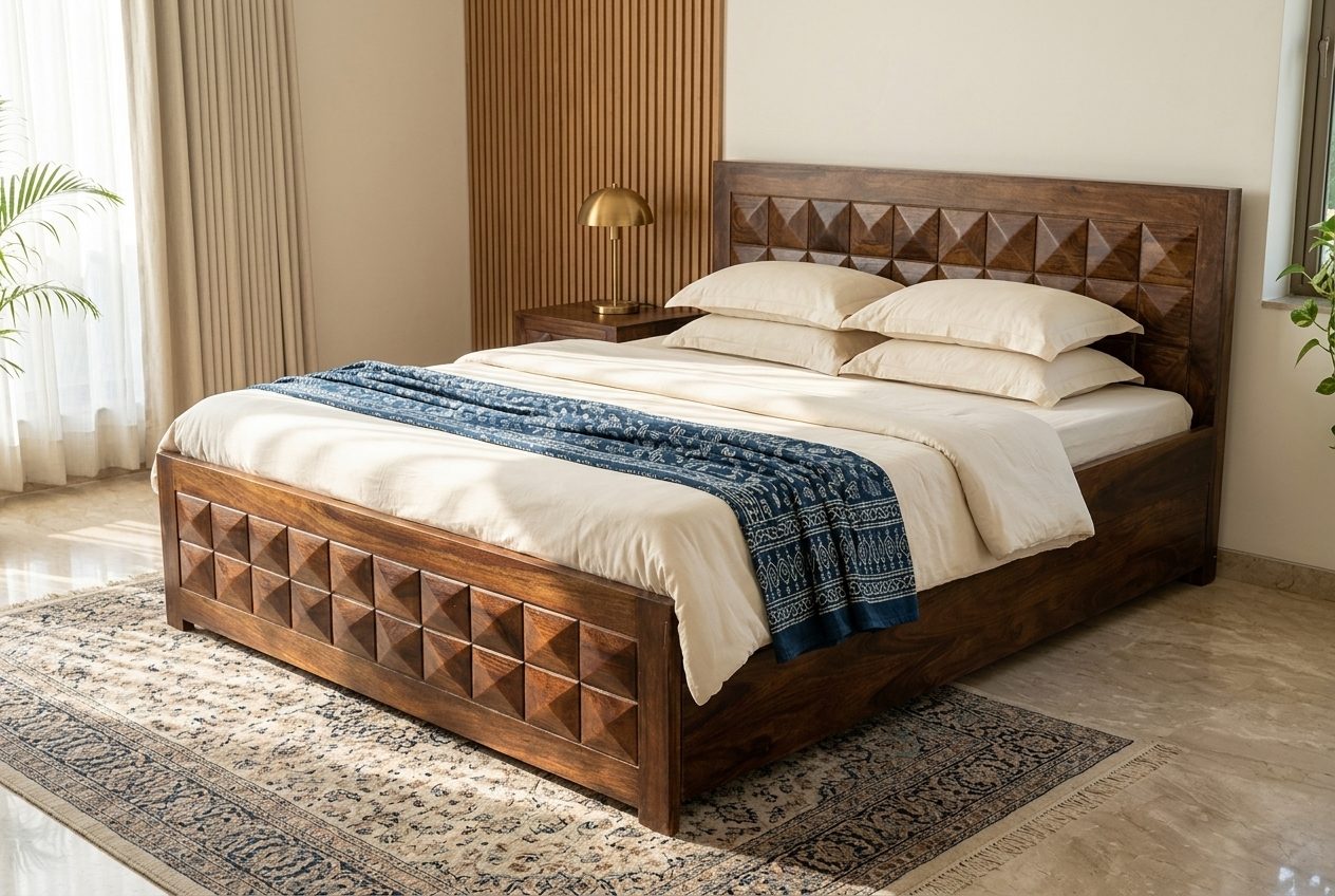 Pyramid diamond-carved storage bed in a styled room