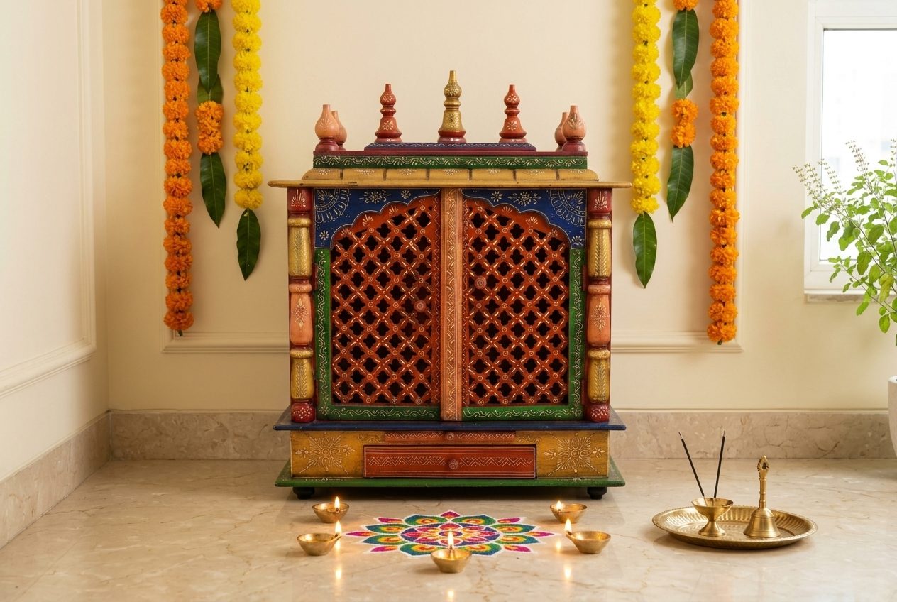 Rangeela painted pooja unit in a styled room