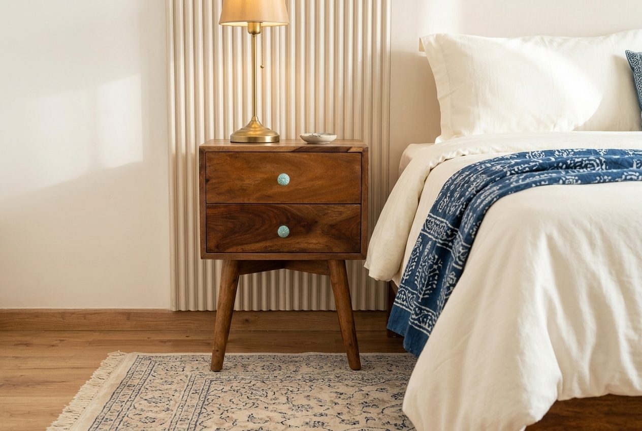 Retro Night sheesham bedside table in a styled room