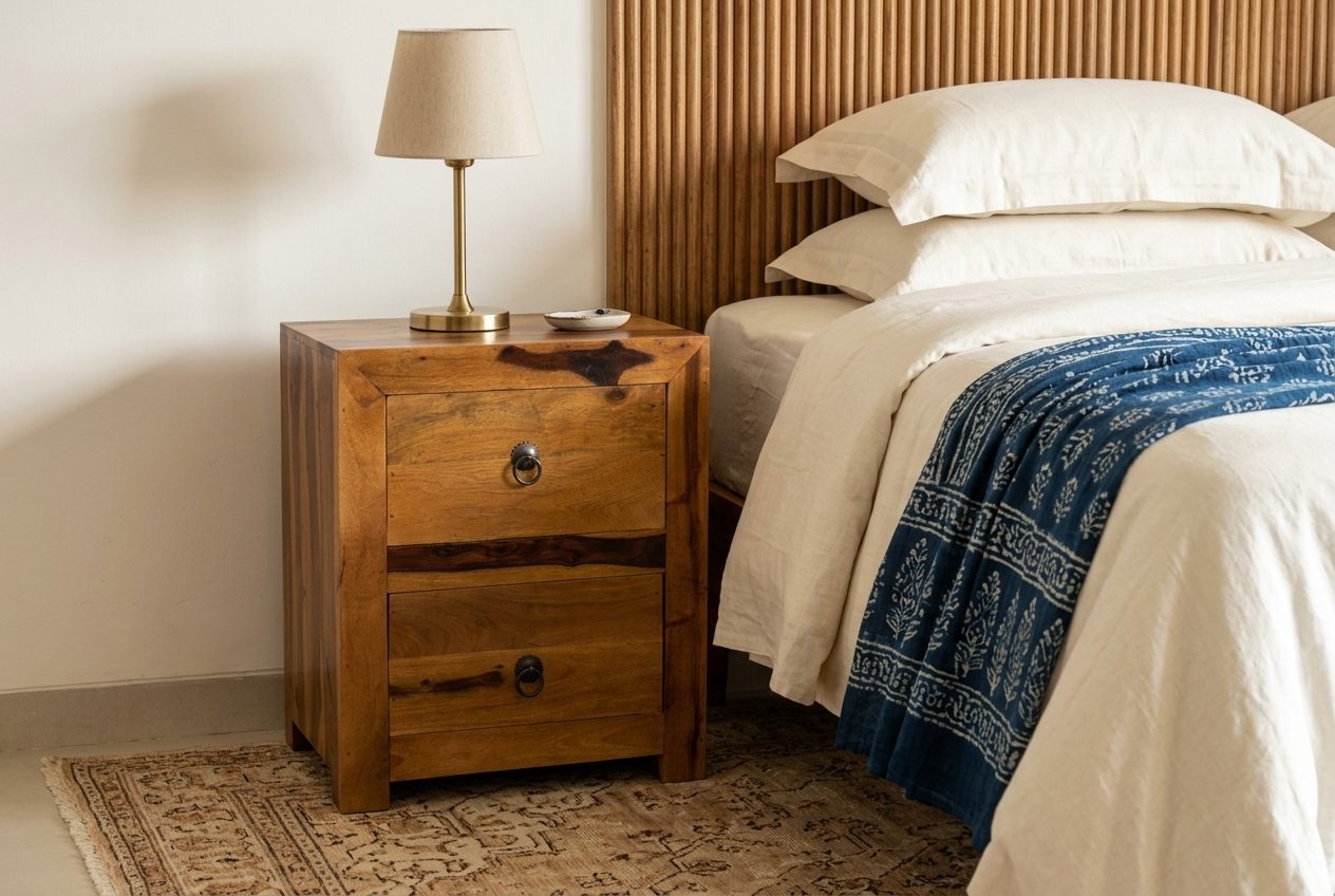 Ringpull sheesham bedside chest in a styled room
