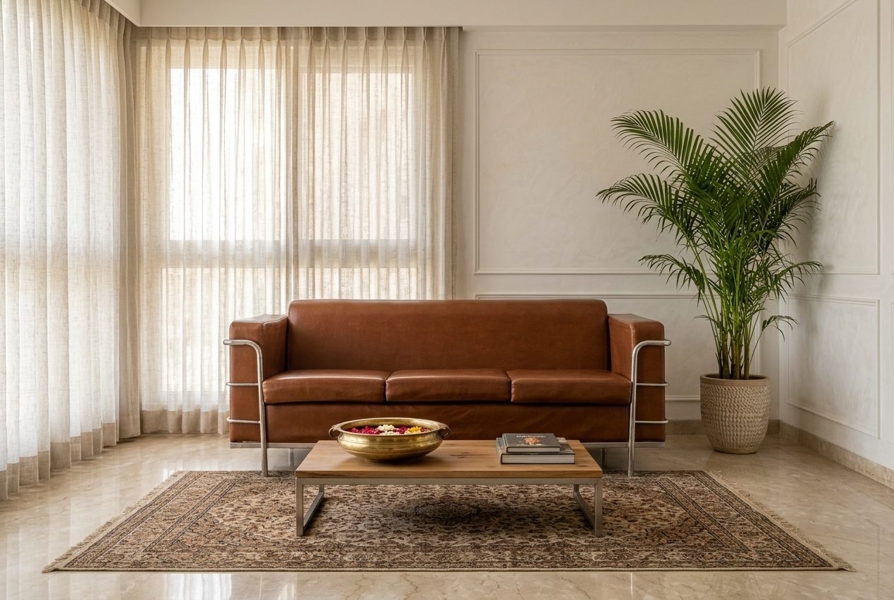 Saddle Sofa leather three-seater in a styled room