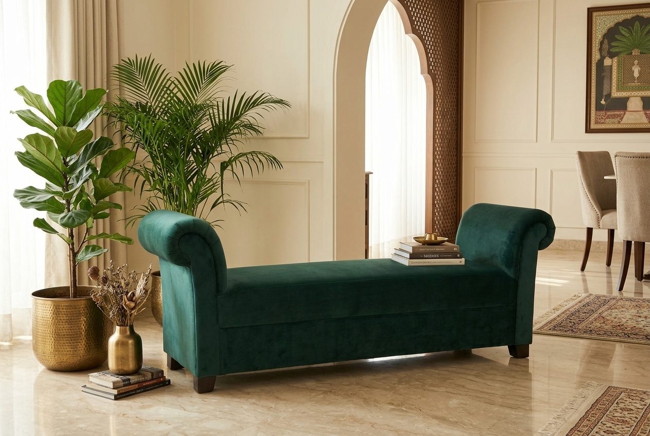 Scroll velvet bench in a styled room