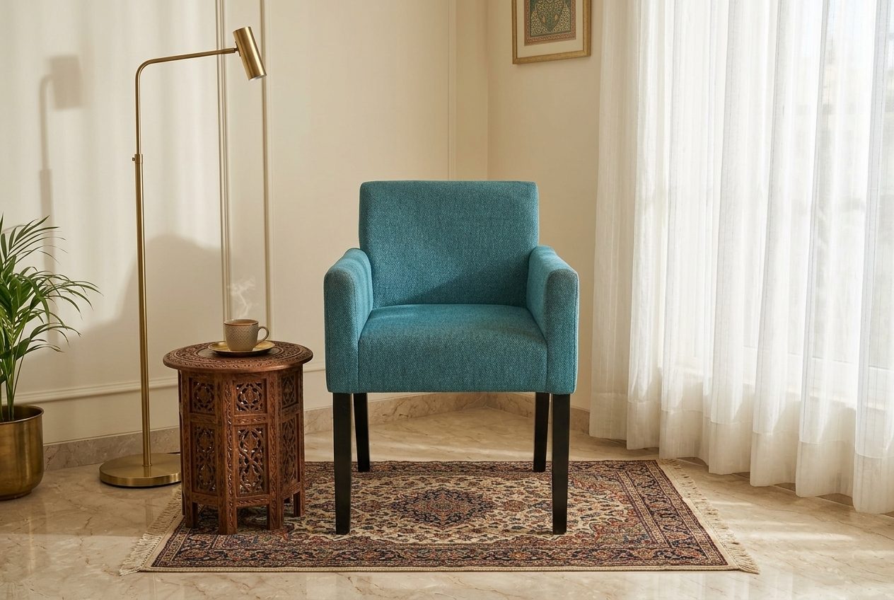 Seafoam upholstered armchair in a styled room