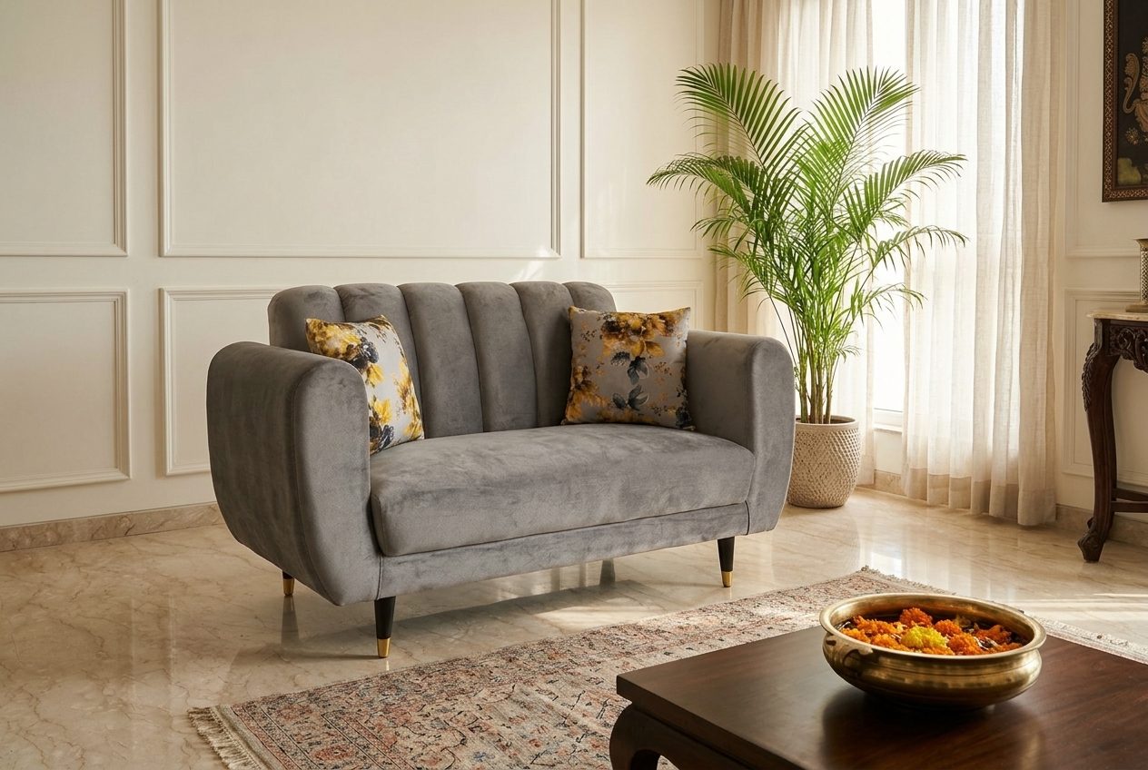 Shell Grey channel-back loveseat in a styled room