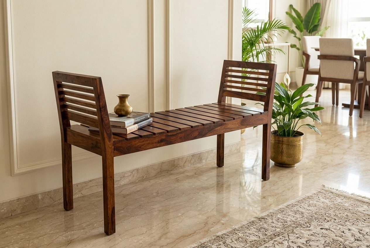 Slatted sheesham bench in a styled room