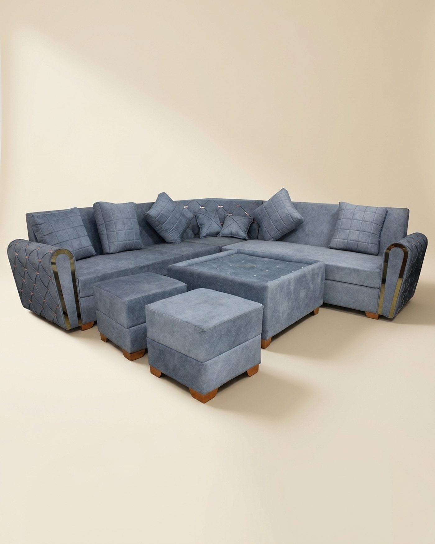 Smoke sectional with ottomans, studio photo