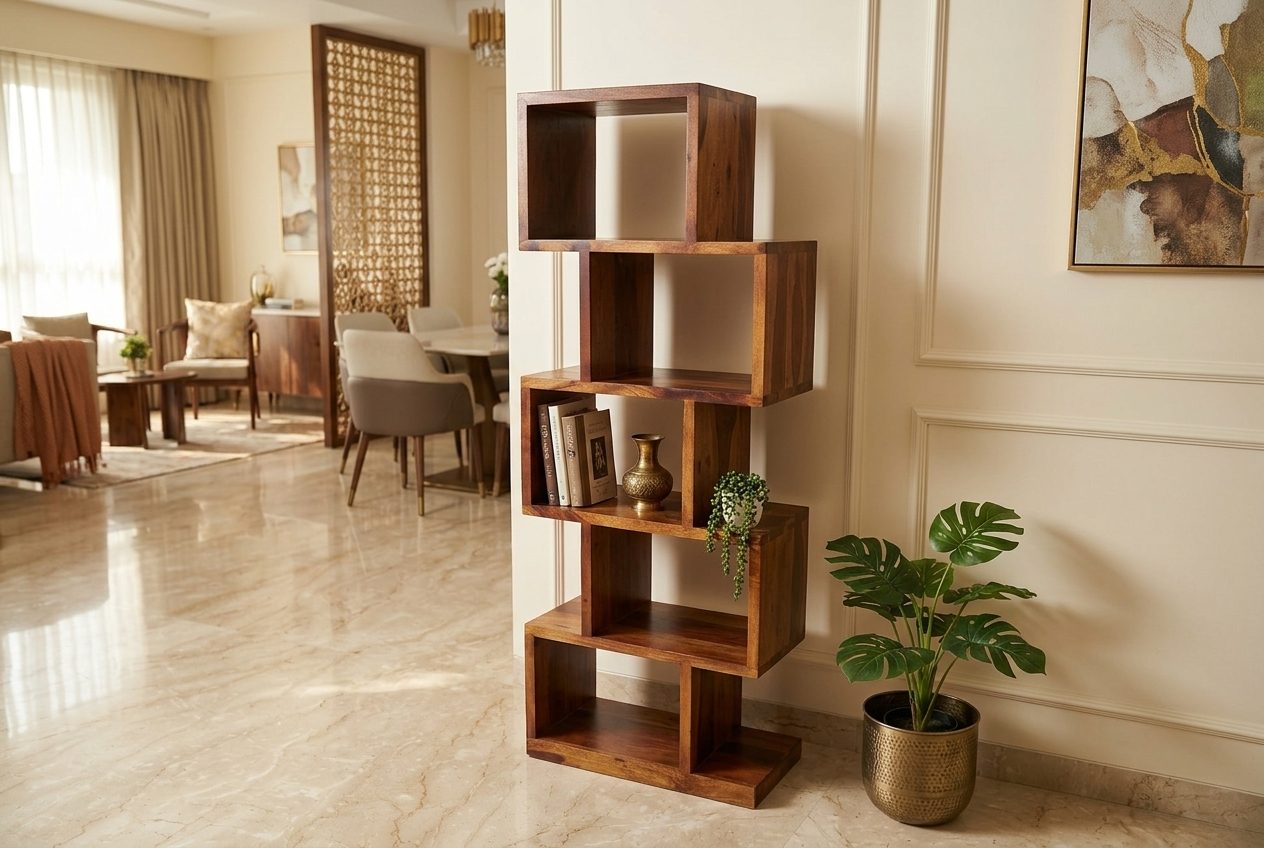 Stairstep zigzag bookshelf in a styled room