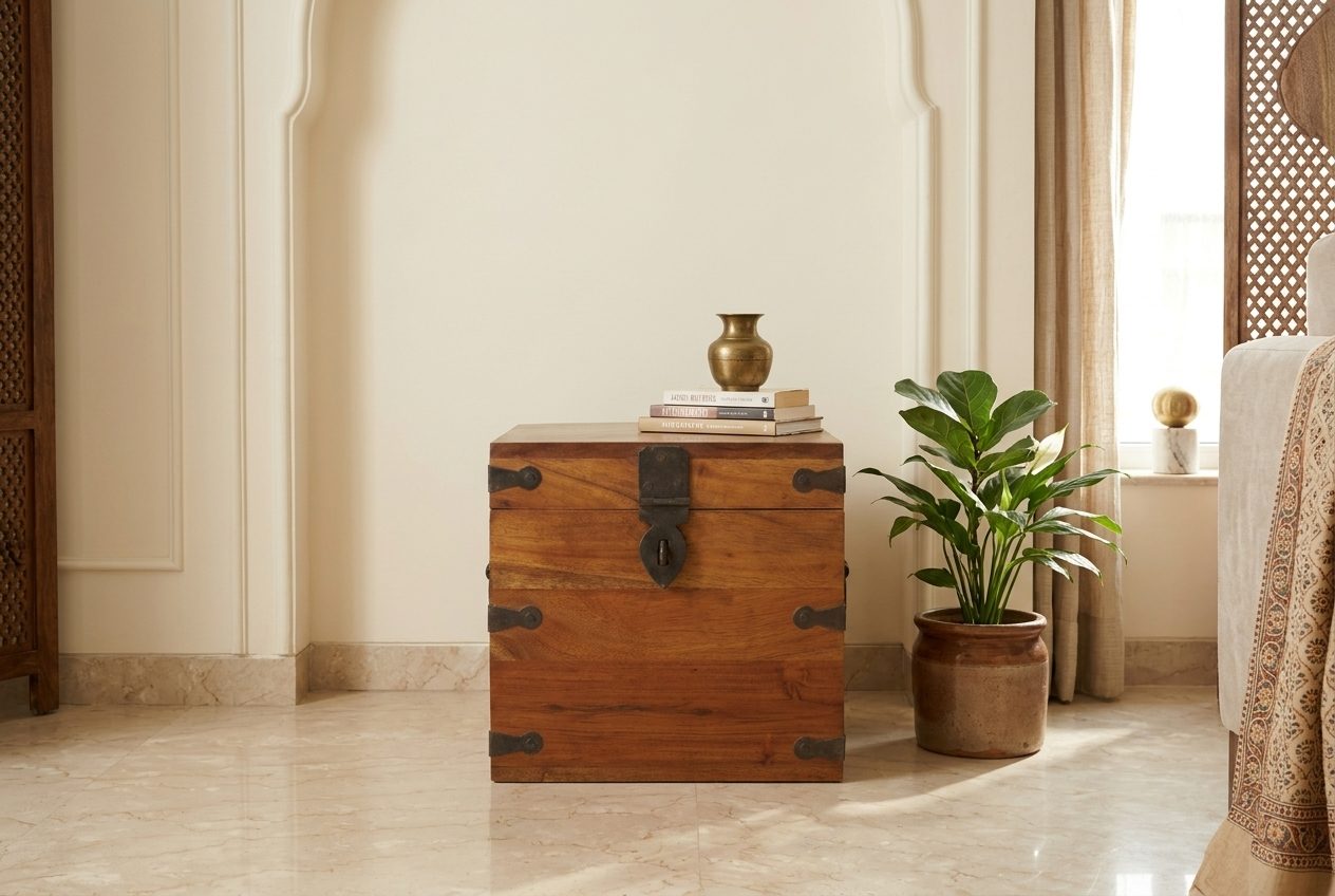 Strapwork iron-strap chest in a styled room