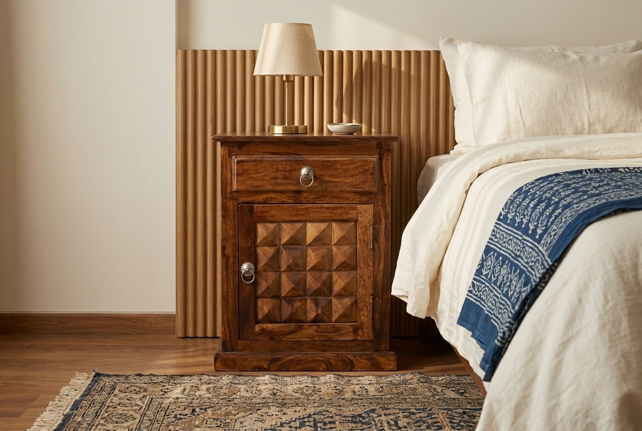 Stud carved bedside cabinet in a styled room