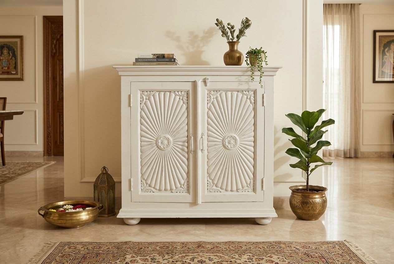 Sunburst carved white cabinet in a styled room