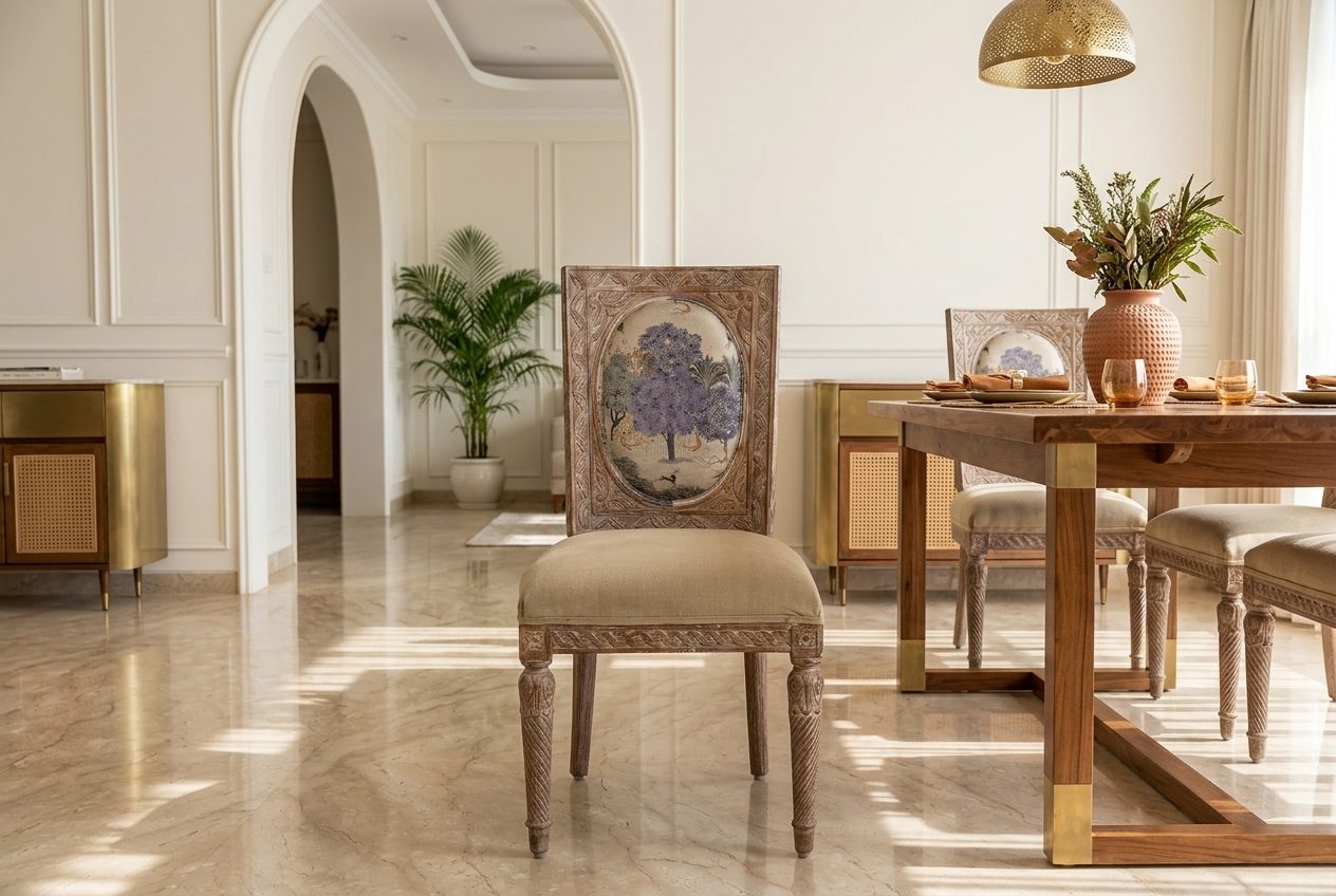 Tree of Life painted dining chair in a styled room
