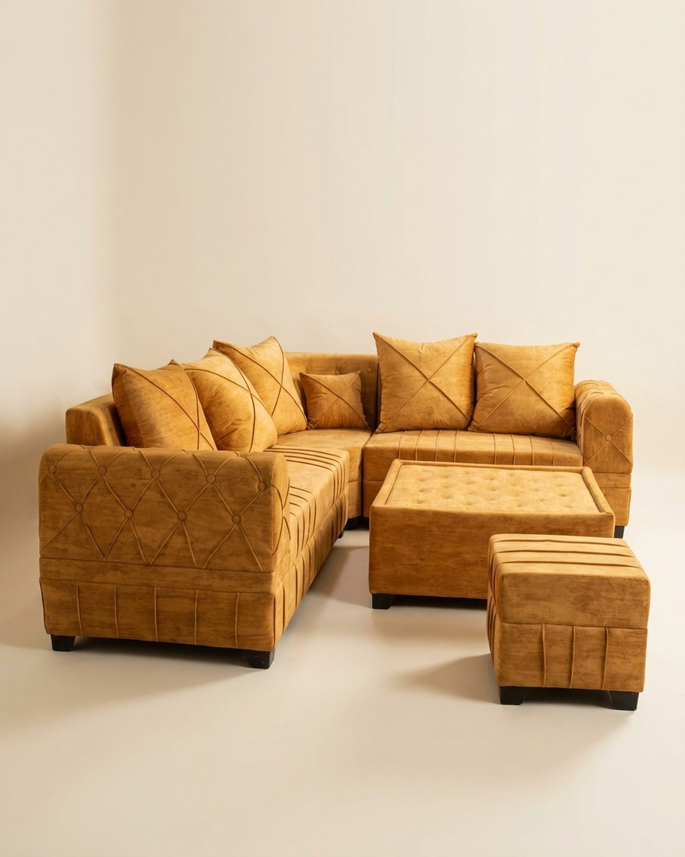 Turmeric sofa set with ottomans, studio photo